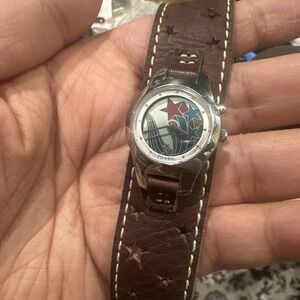 Working Fossil Big Tic Star Animated Unisex Watch Brown Leather Band 24mm Fit 7"